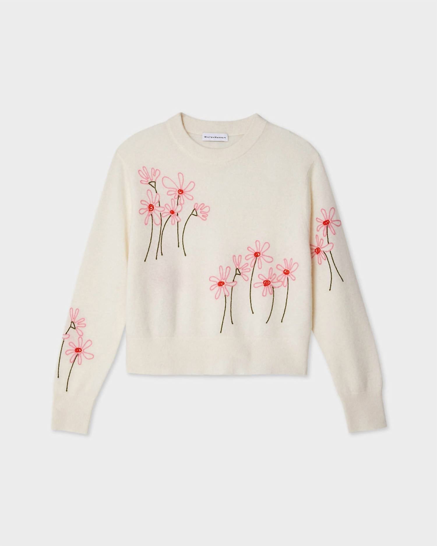 White + Warren - Floral Embroidered Crewneck Tee