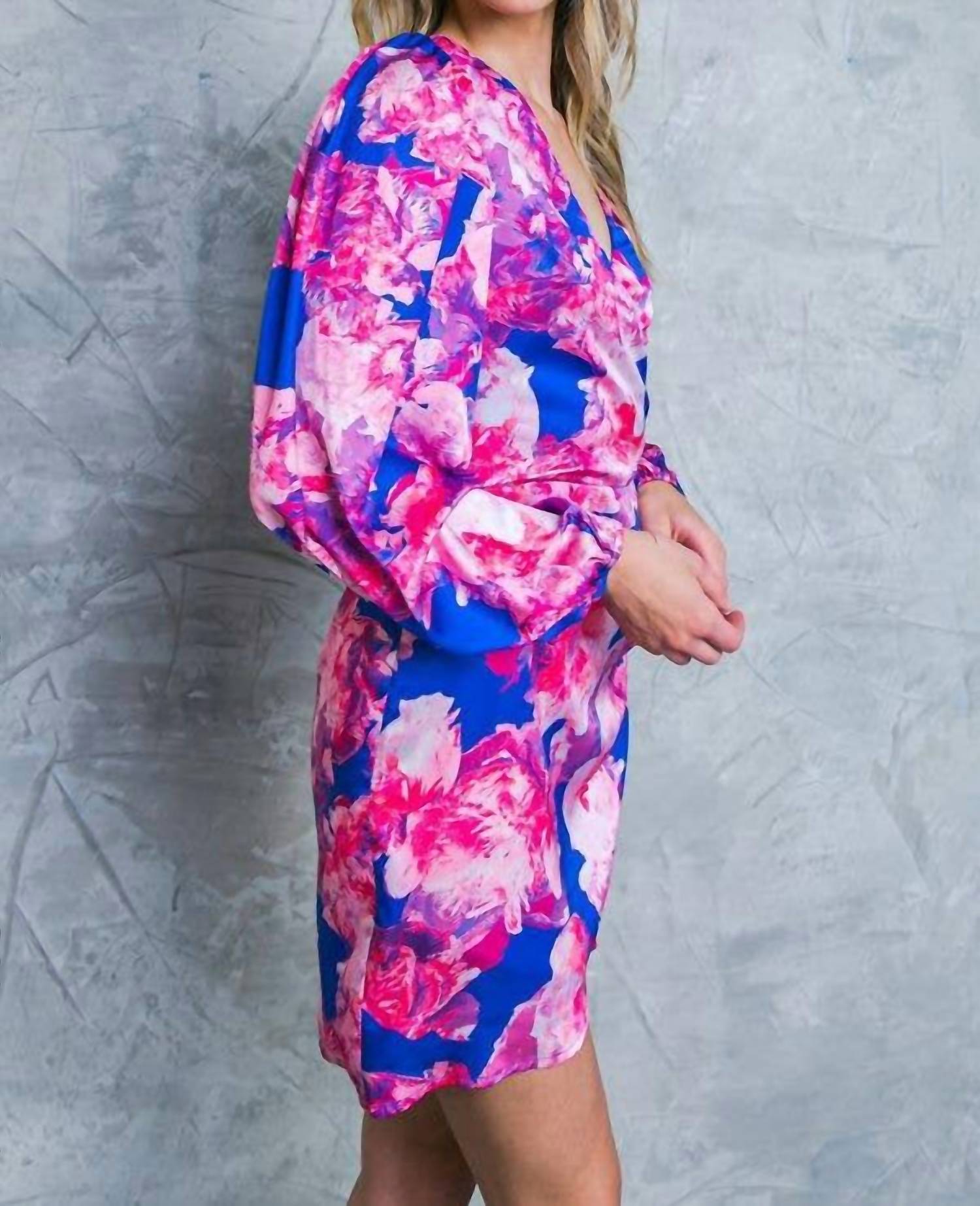 FLYING TOMATO Surplice Floral Printed Satin Mini Dress in blue fuchsia - women's dress - alternate view