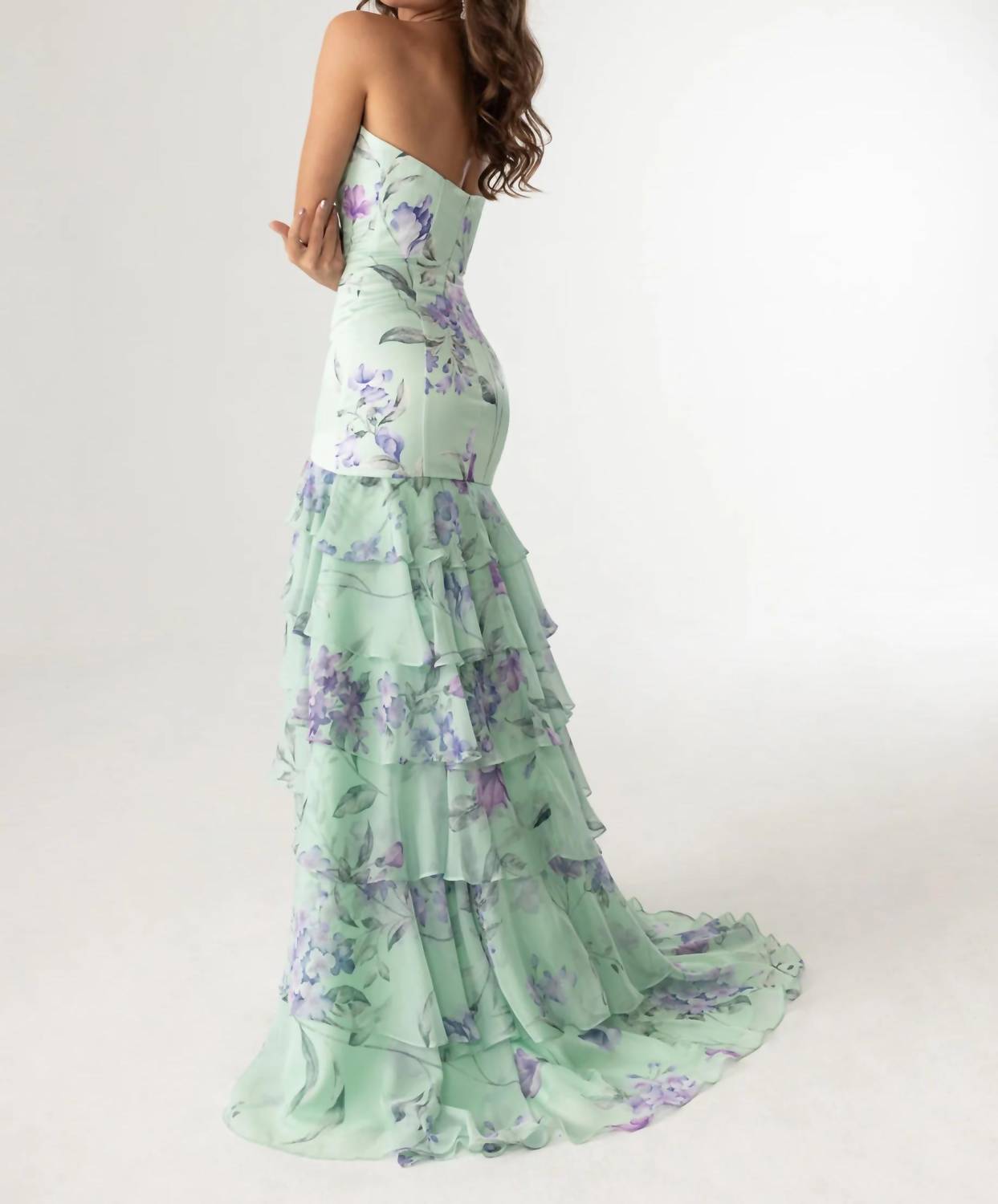 Rachel Allan Romantic And Playful Floral Print Prom Dress in sage lilac - women's dress - detail view