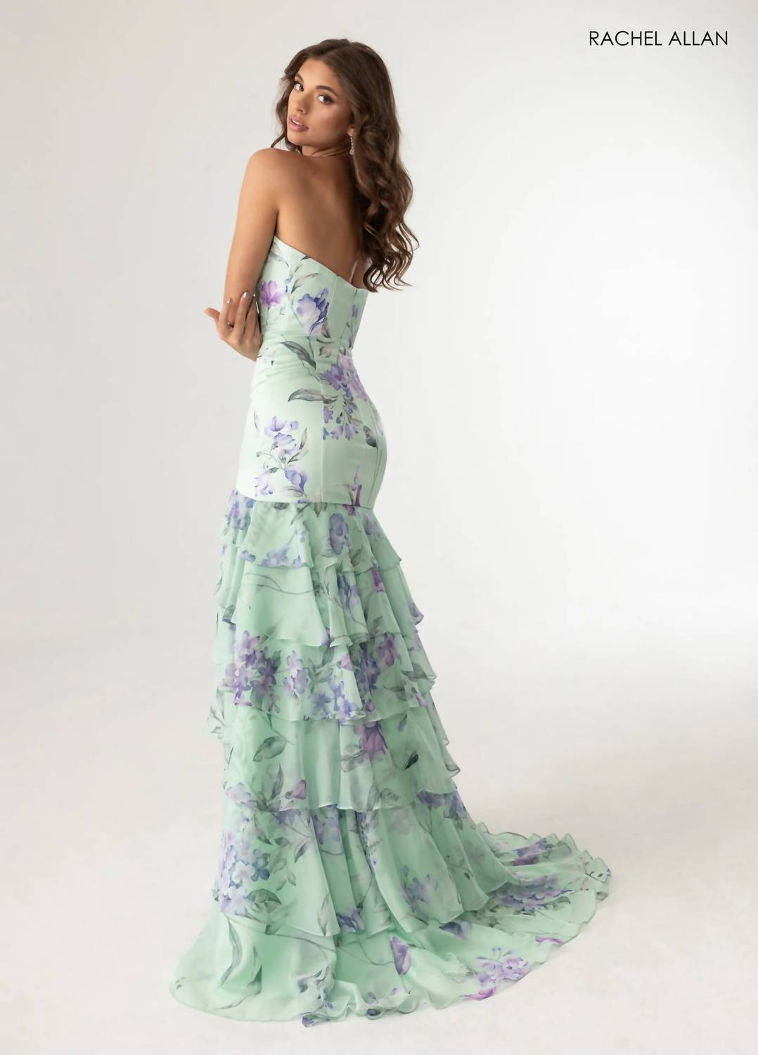 Rachel Allan Romantic And Playful Floral Print Prom Dress in sage lilac - women's dress - alternate view
