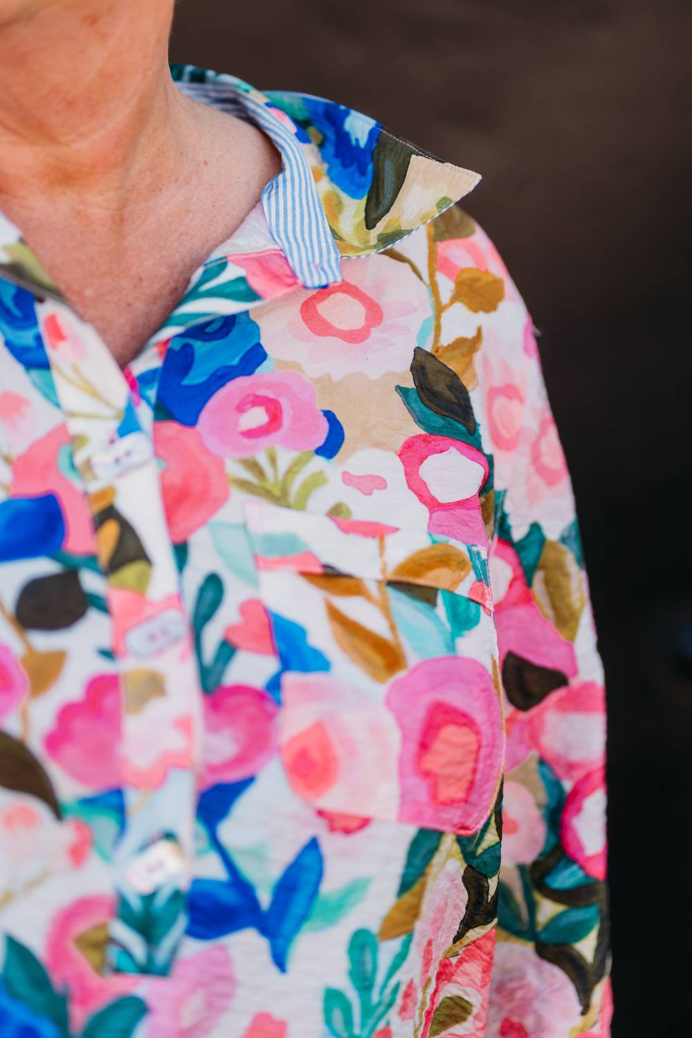 John Mark - Floral Print Button Front Patch & Roll Tab Sleeve