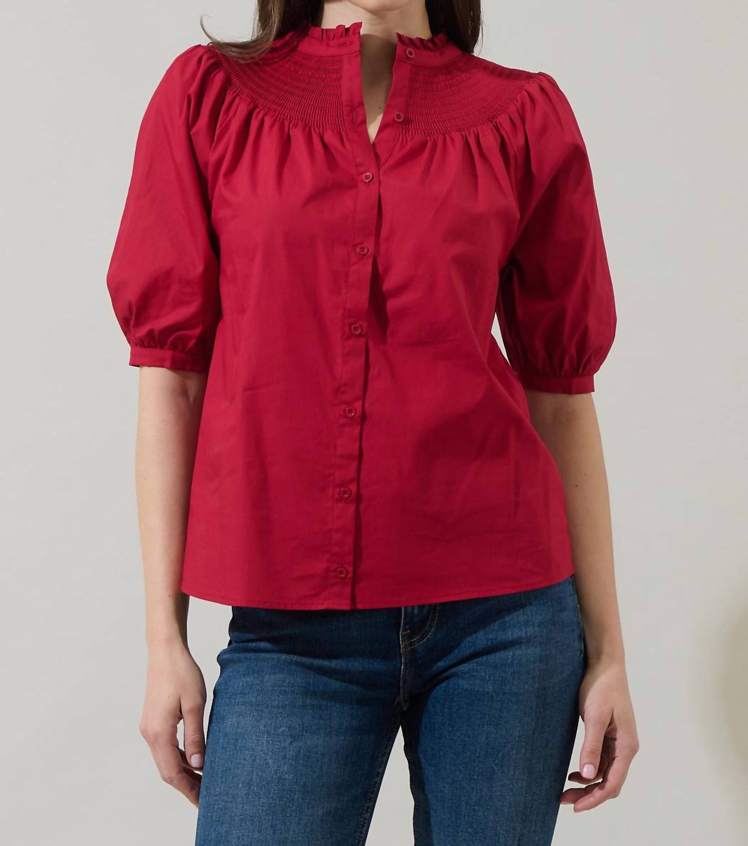 SUGARLIPS Narris Blossom Smocked Mock Neck Top in burgundy - women's blouse