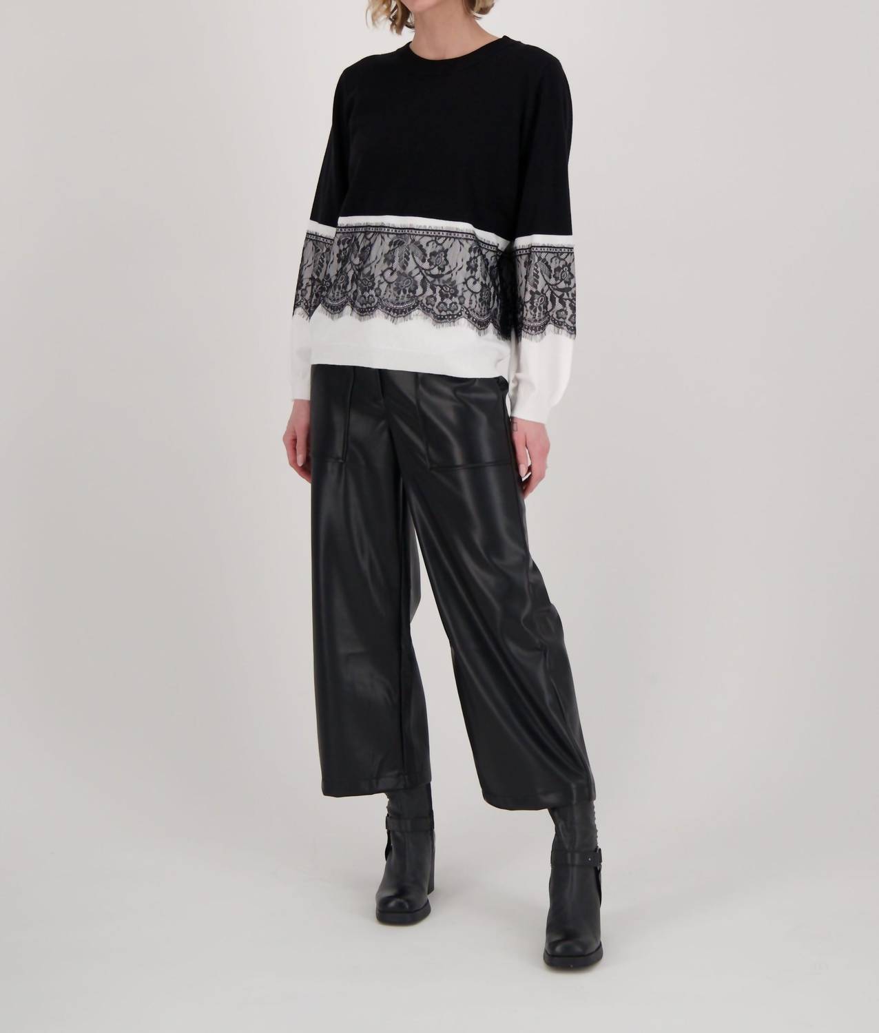Gabby Isabella - Contrast Lace Panel Sweater Top