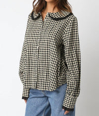OLIVACEOUS Lace Trimmed Gingham Button Down Shirt in black - women's blouse - alternate view