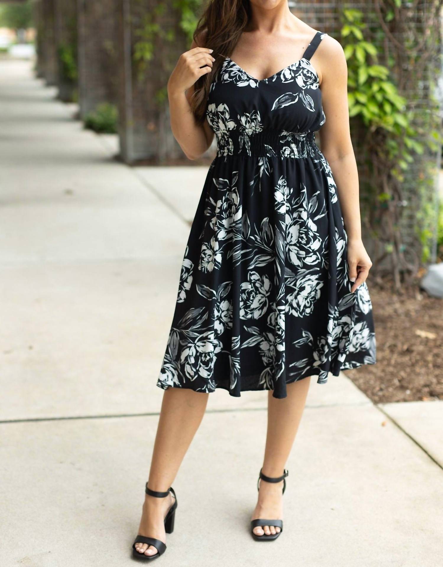 Michelle Mae Cassidy Midi Dress in black and white floral - women's dress