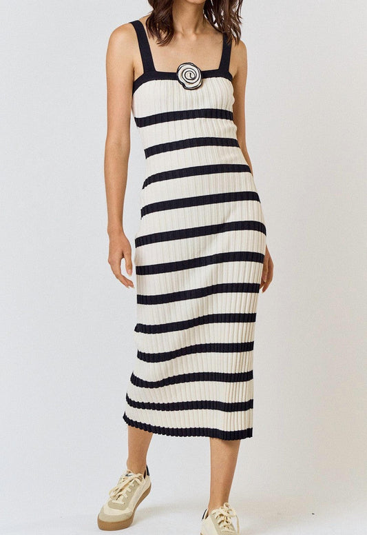 Lalavon - Rosette Striped Sleeveless Sweater Midi Dress