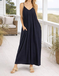 Before You Collection Harbor Linen Maxi Dress in navy - women's dress - detail view