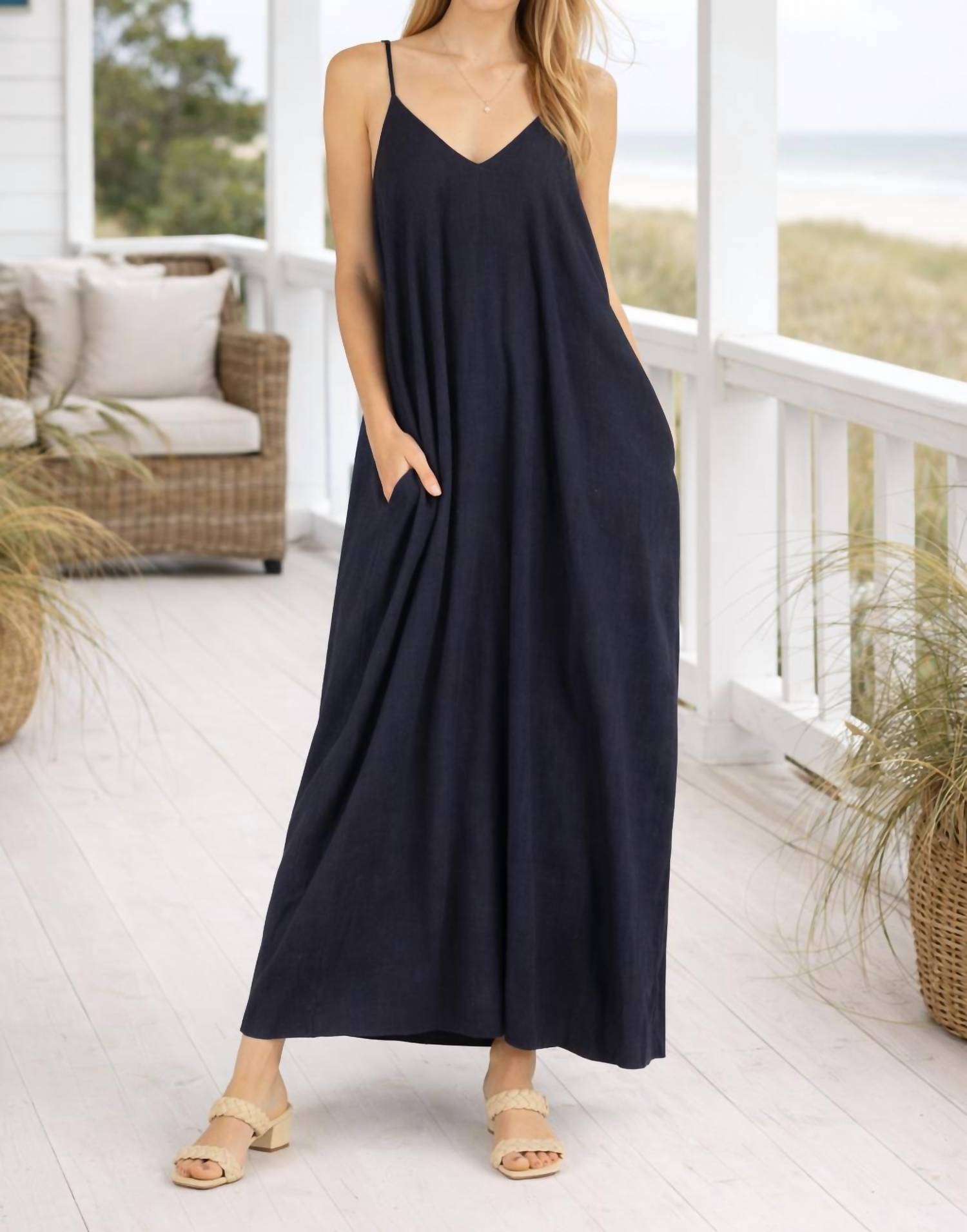 Before You Collection Harbor Linen Maxi Dress in navy - women's dress - detail view