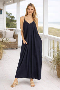 Before You Collection Harbor Linen Maxi Dress in navy - women's dress - alternate view