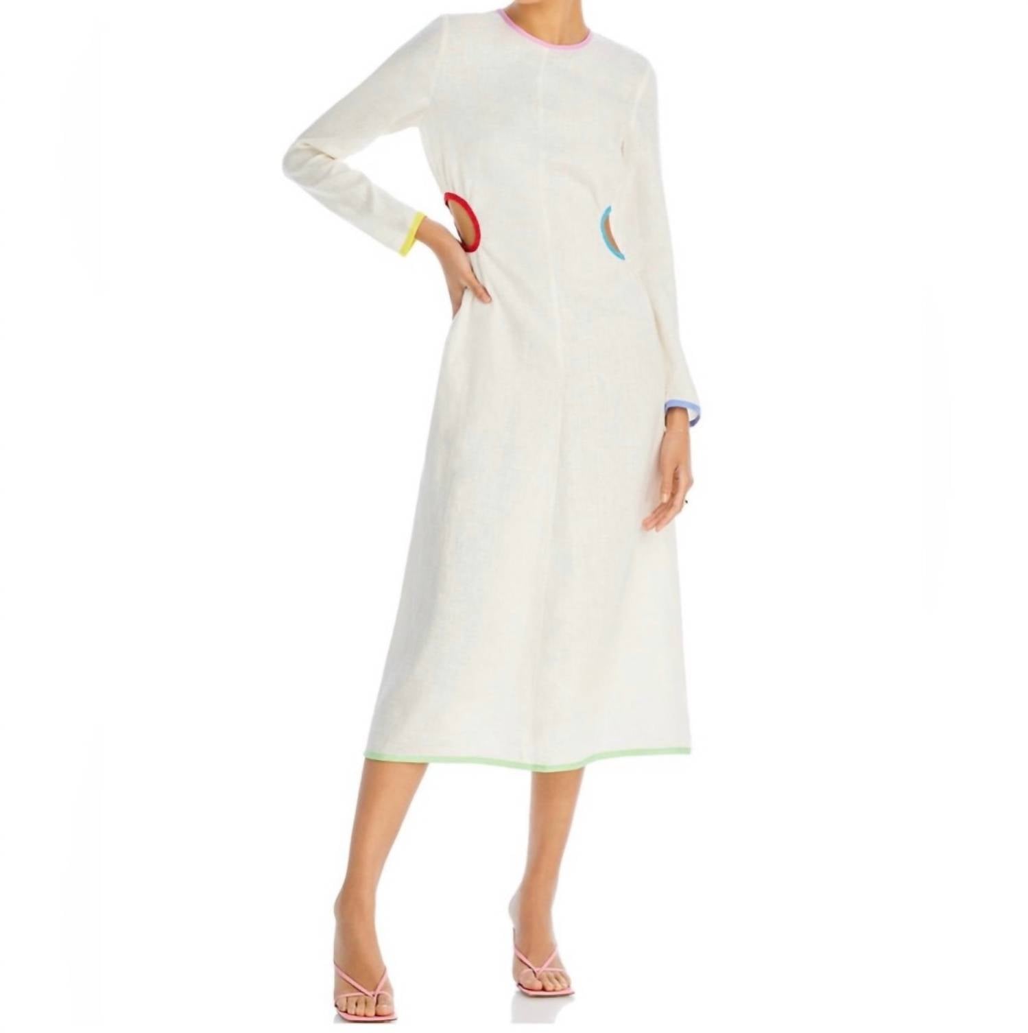 RHODE Thierry Linen Midi Dress in macadamia rainbow piping - women's dress