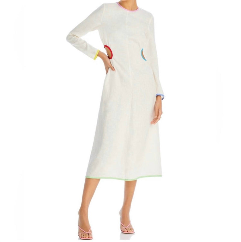 RHODE Thierry Linen Midi Dress in macadamia rainbow piping - women's dress