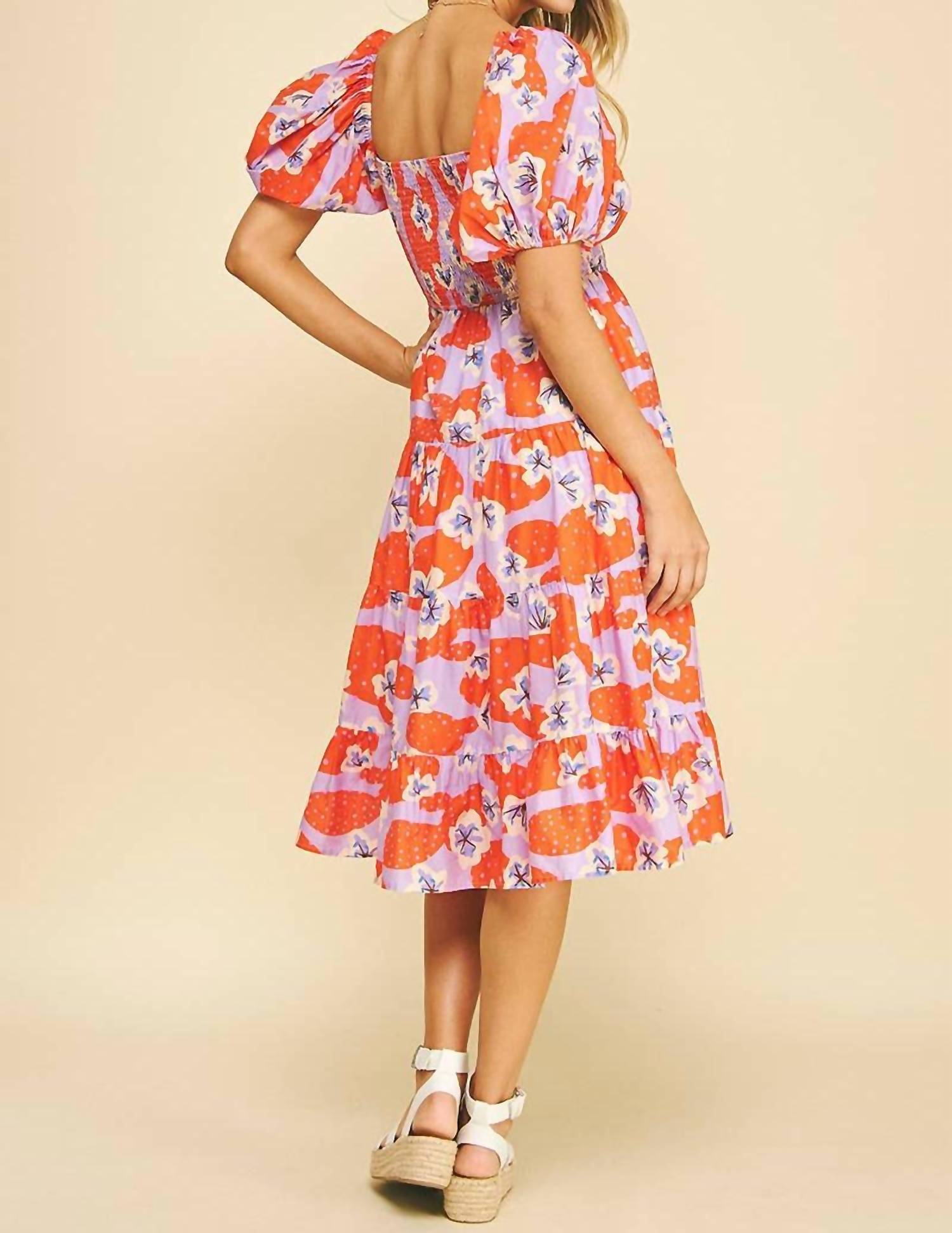 PINCH Floral Smocked Midi Dress With Bubble Sleeves in lavender orange - women's dress - alternate view