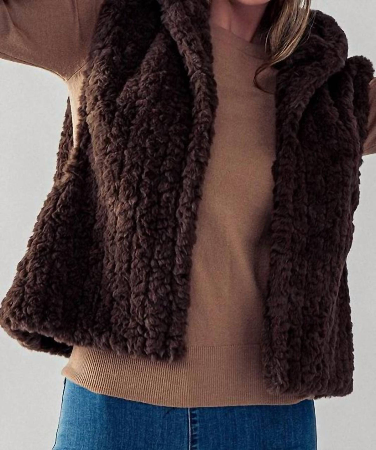 Trend:Notes - Sleeveless Open Front Sherpa Fleece Vest With Hoodie