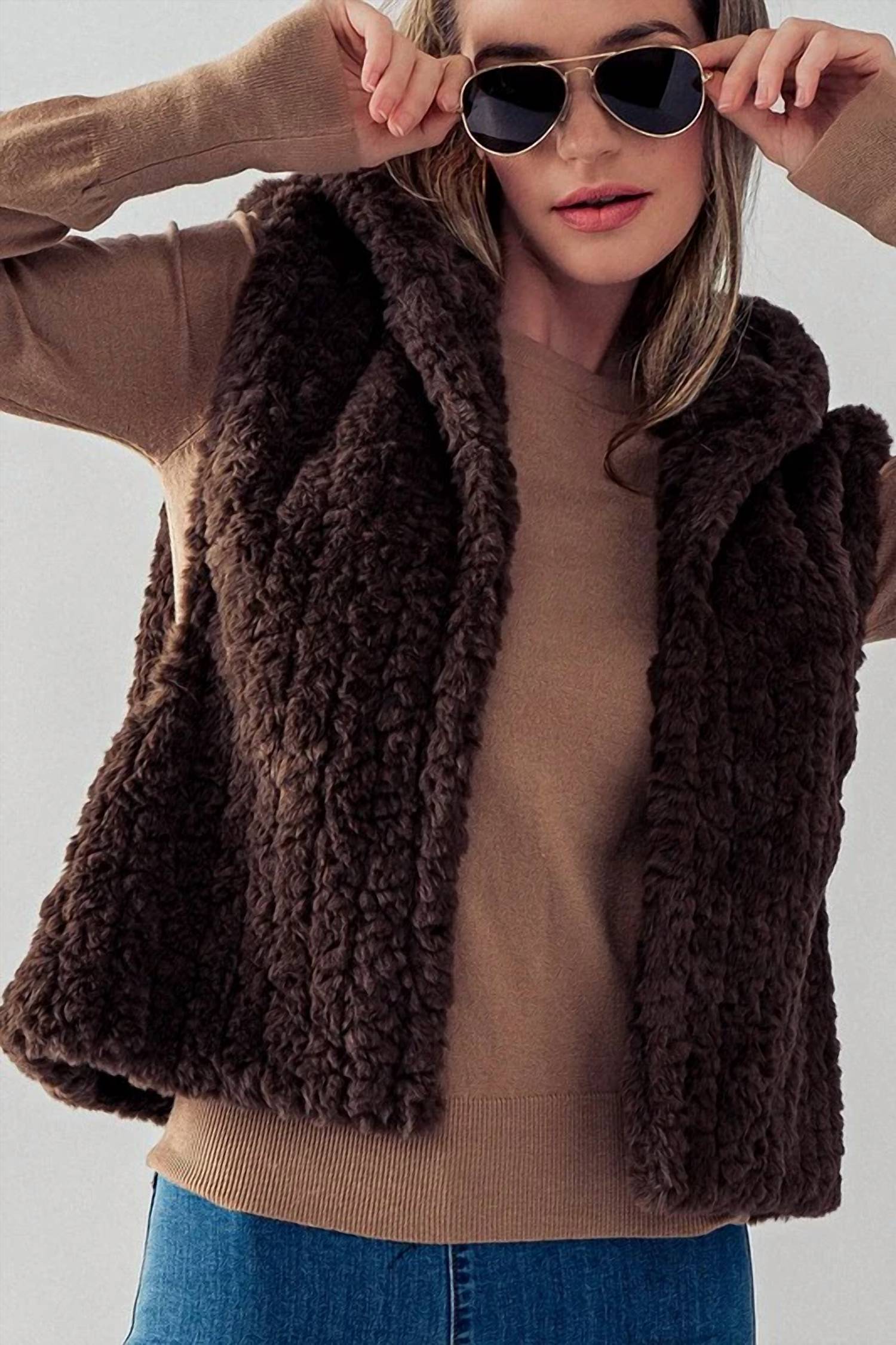 Trend:Notes - Sleeveless Open Front Sherpa Fleece Vest With Hoodie