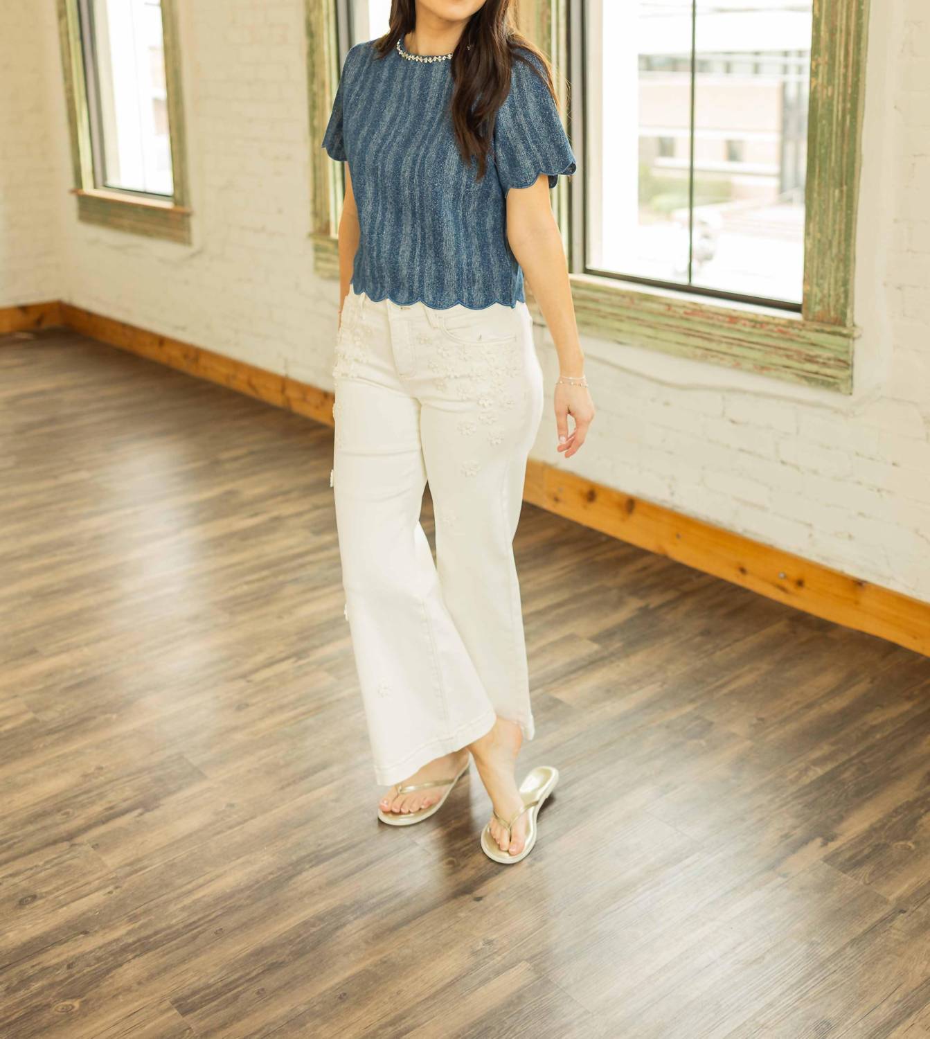 Rivir - CECELIA DENIM JEWELED COLLAR SCALLOPED EDGE TOP