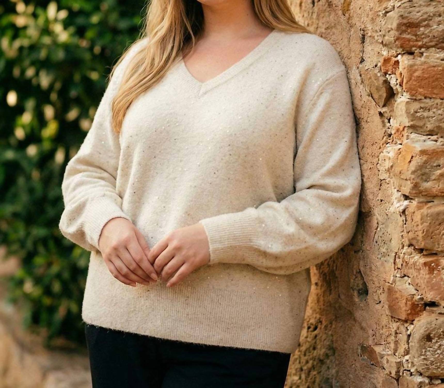 Karen Kane Sequin V-neck Sweater - Plus in sand - women's sweater - view 4