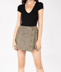 naked zebra Faux Suede Asymmetrical Button Down Skort in olive - women's shorts