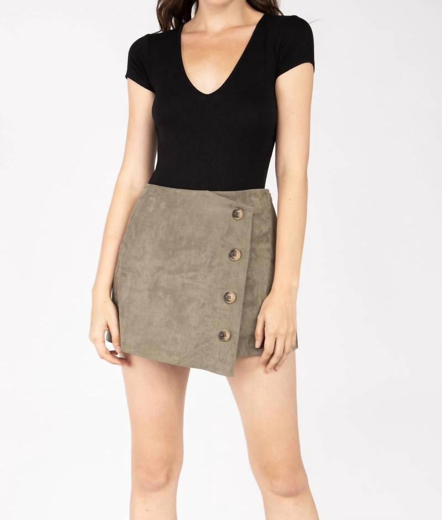 naked zebra Faux Suede Asymmetrical Button Down Skort in olive - women's shorts