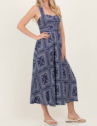 MABLE Bandana Print Crisscross Back Midi Dress in navy blue - women's dress - detail view