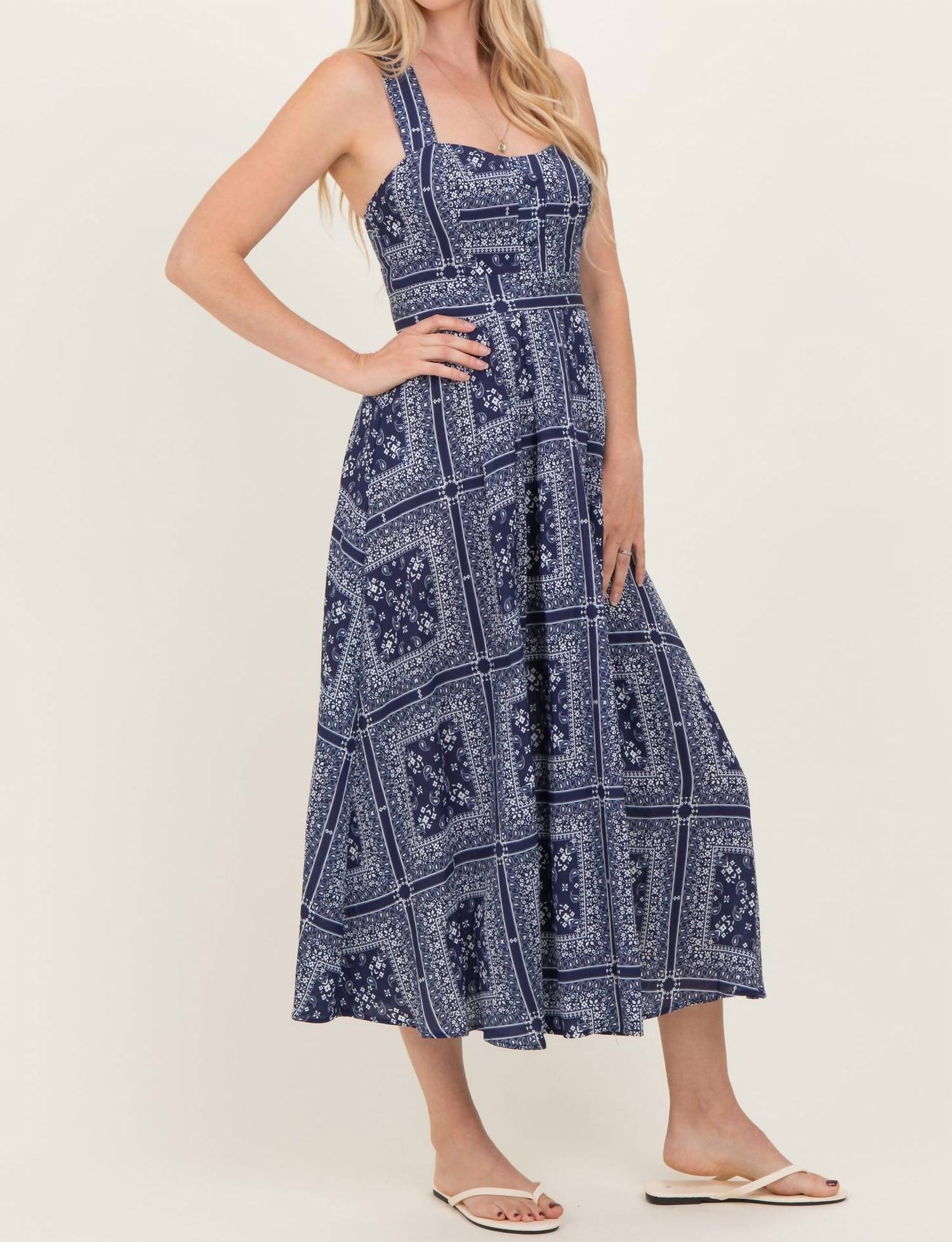 MABLE Bandana Print Crisscross Back Midi Dress in navy blue - women's dress - detail view