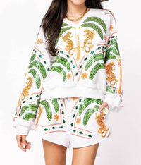 Queen Of Sparkles - Palm Tree & Jaguar V Neck Sweatshirt