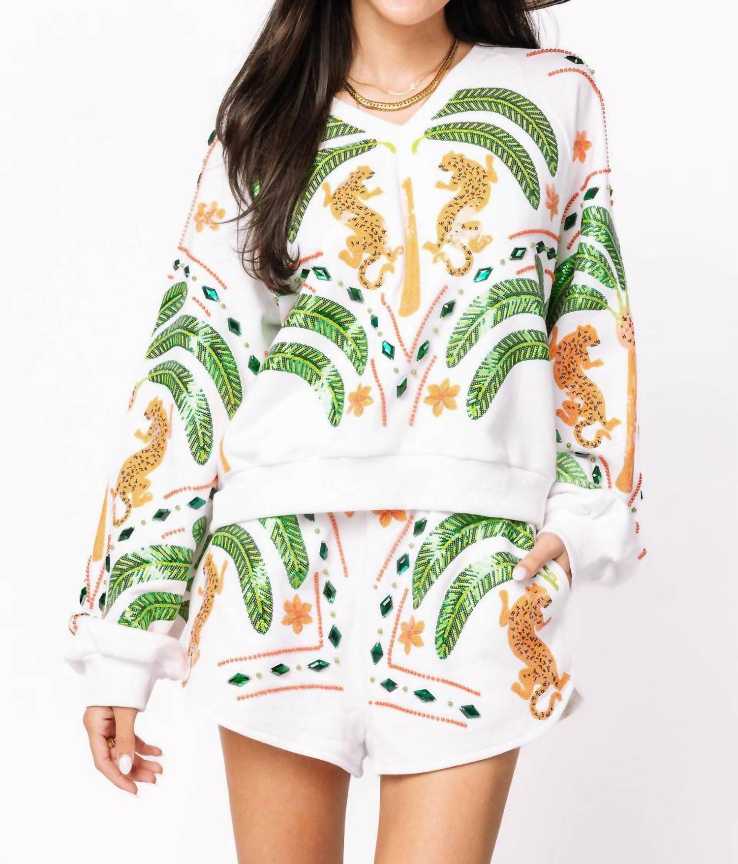 Queen Of Sparkles - Palm Tree & Jaguar V Neck Sweatshirt