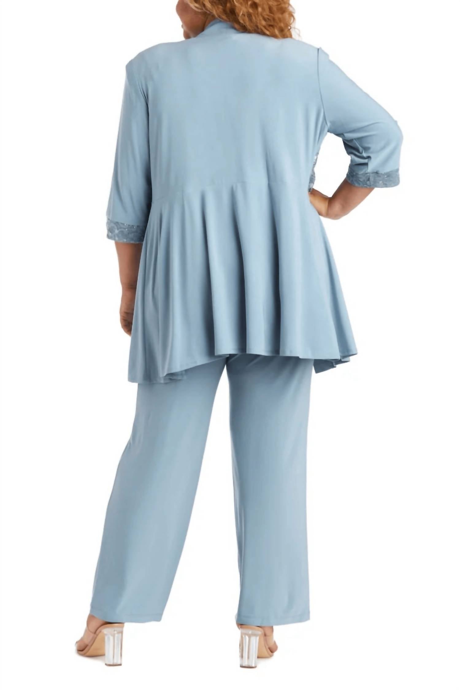 R&M Richards - Laced Blouse & Sequin Jacket Pant Suit Set - plus