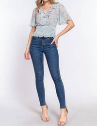 Active Basic Flutter Sleeve V-Neck with Ruffle Smocked Waist Chiffon Top in blue floral - women's blouse - view 4