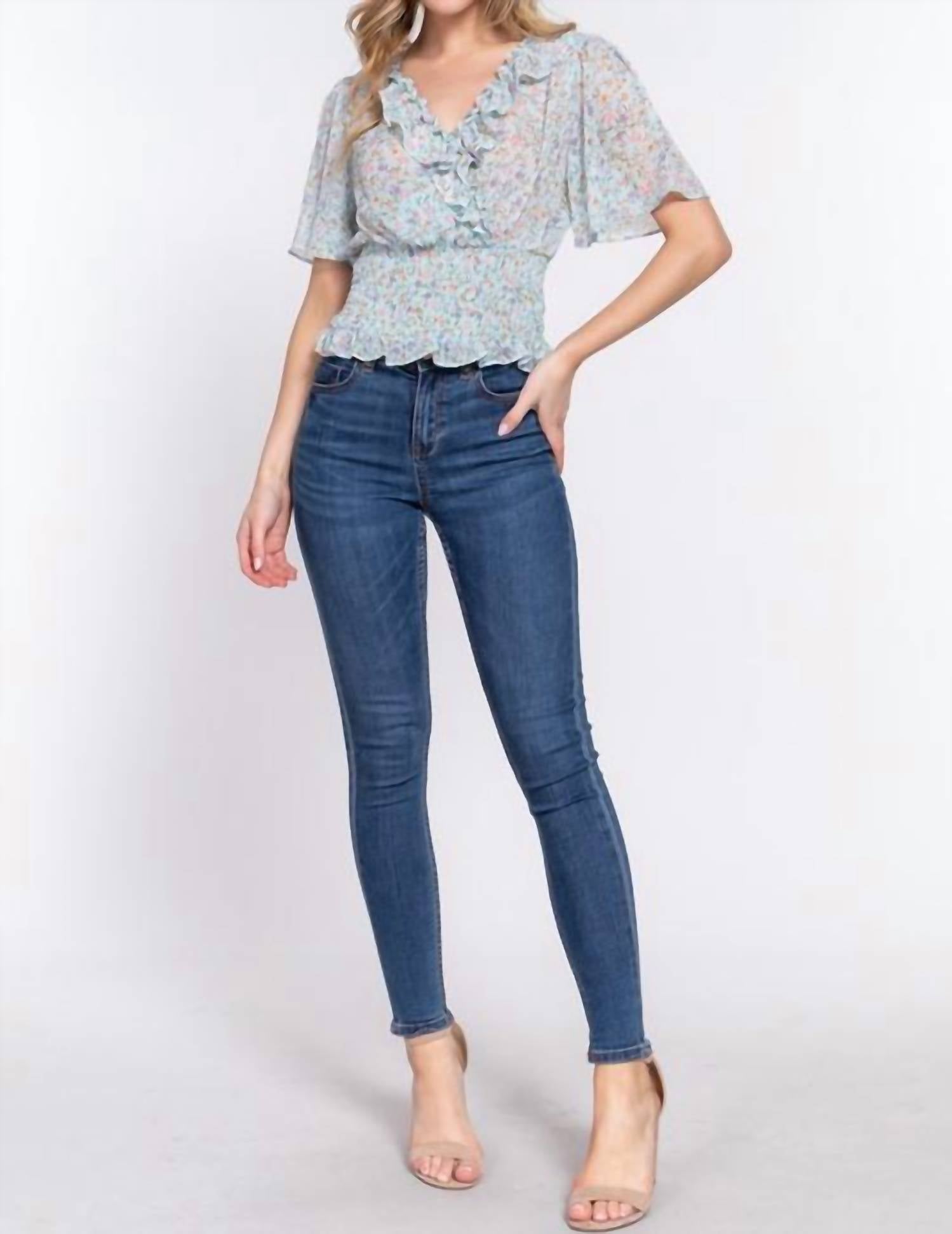 Active Basic Flutter Sleeve V-Neck with Ruffle Smocked Waist Chiffon Top in blue floral - women's blouse - view 4