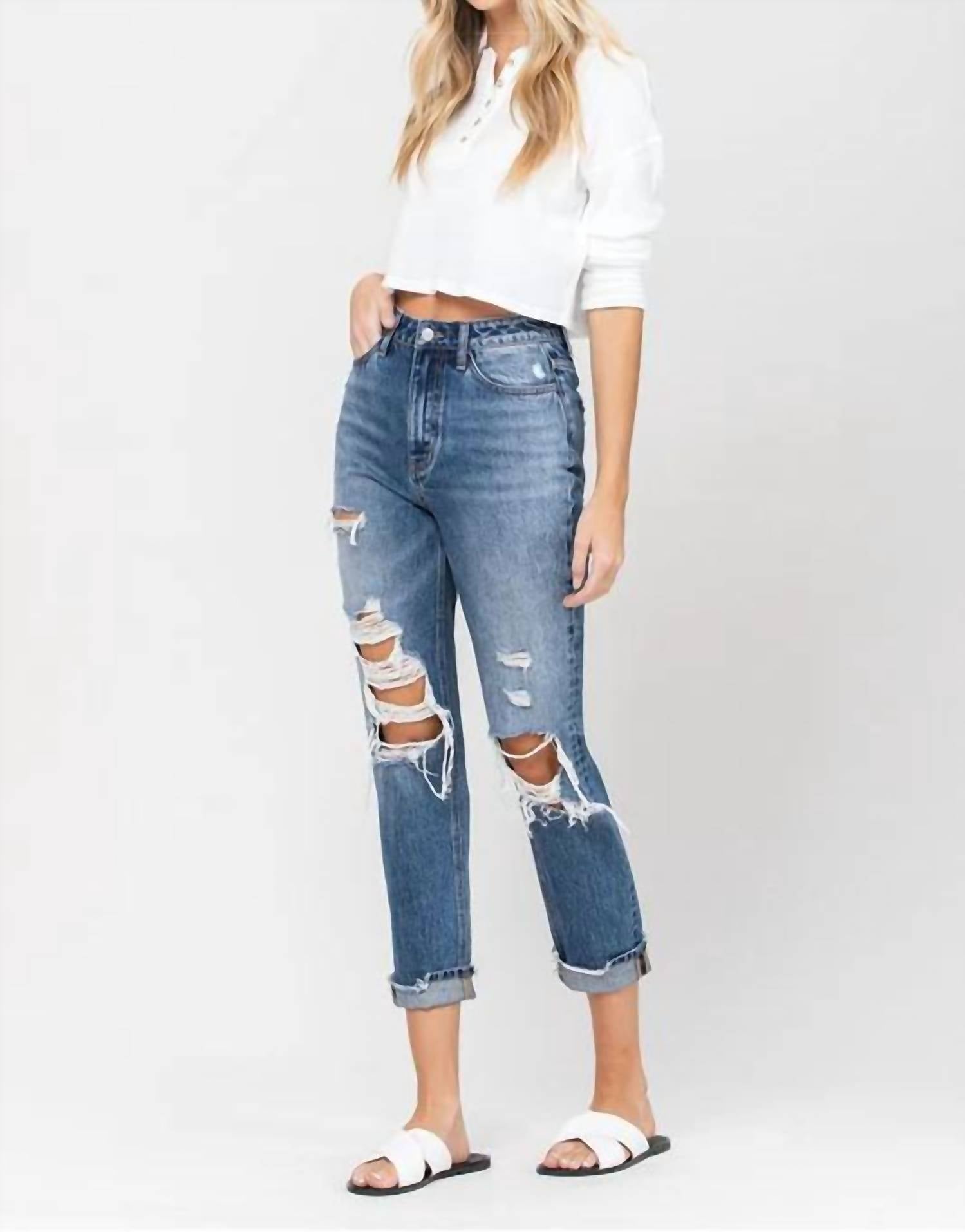 Vervet By Flying Monkey - Emma Distressed Cuffed Mom Jeans