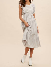 IN-LOOM Eyelet Flutter Sleeve Embroidered Midi Dress in dove grey - women's dress