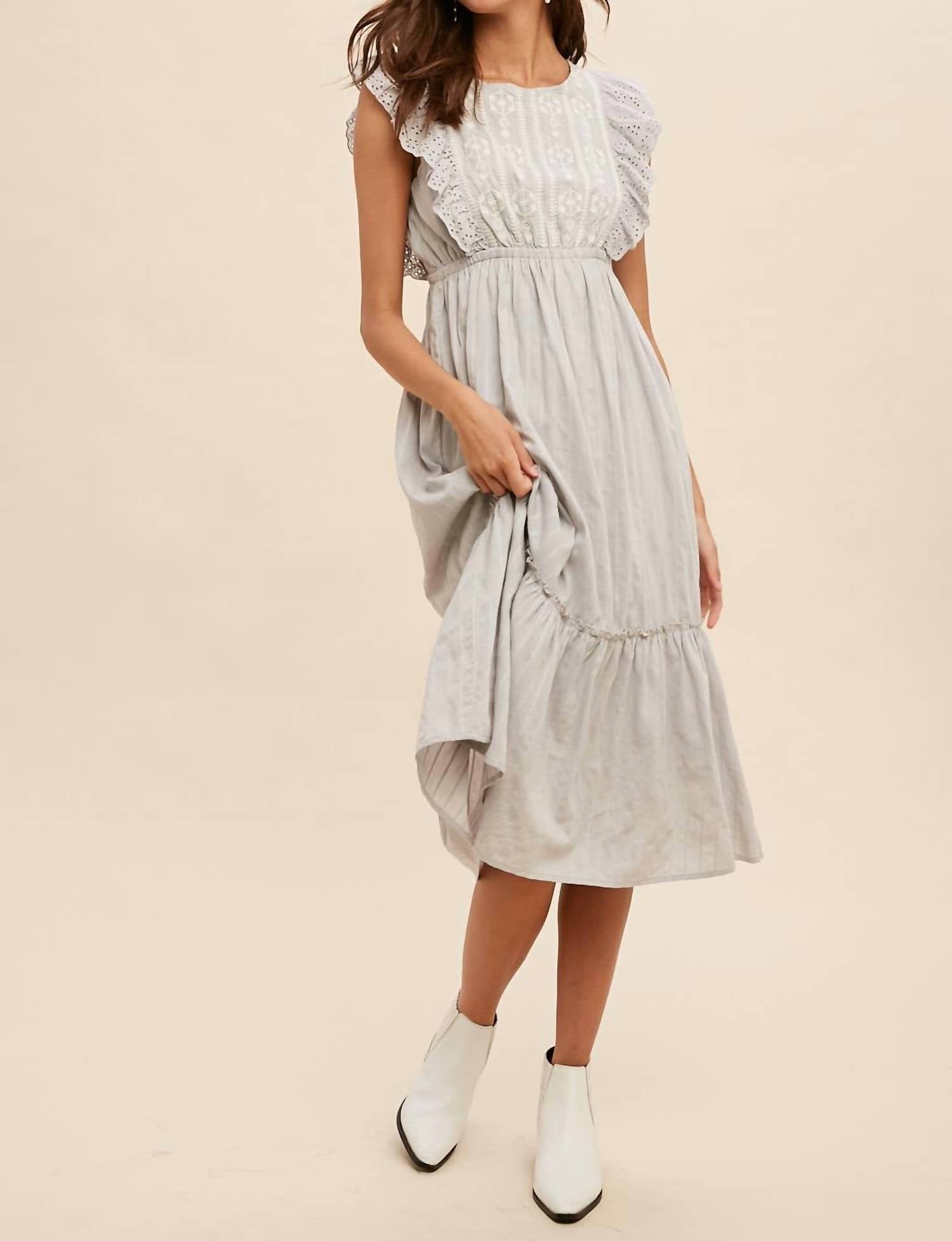 IN-LOOM Eyelet Flutter Sleeve Embroidered Midi Dress in dove grey - women's dress