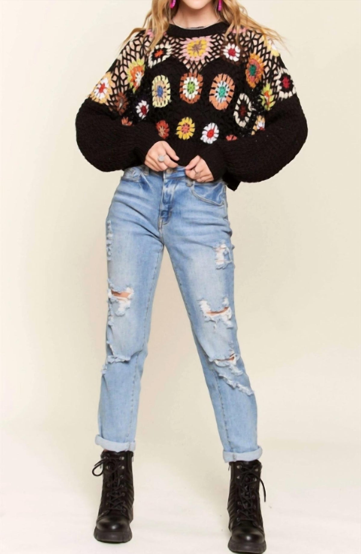 Adora - Crochet Crop Sweater Knit Top