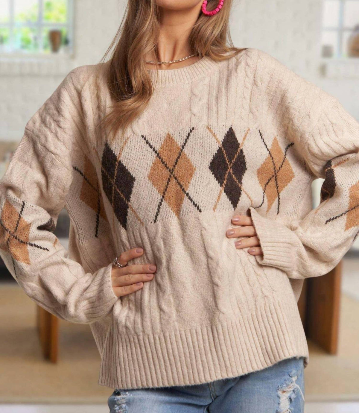 Adora - Diamond Pattern Cable Knit Sweater