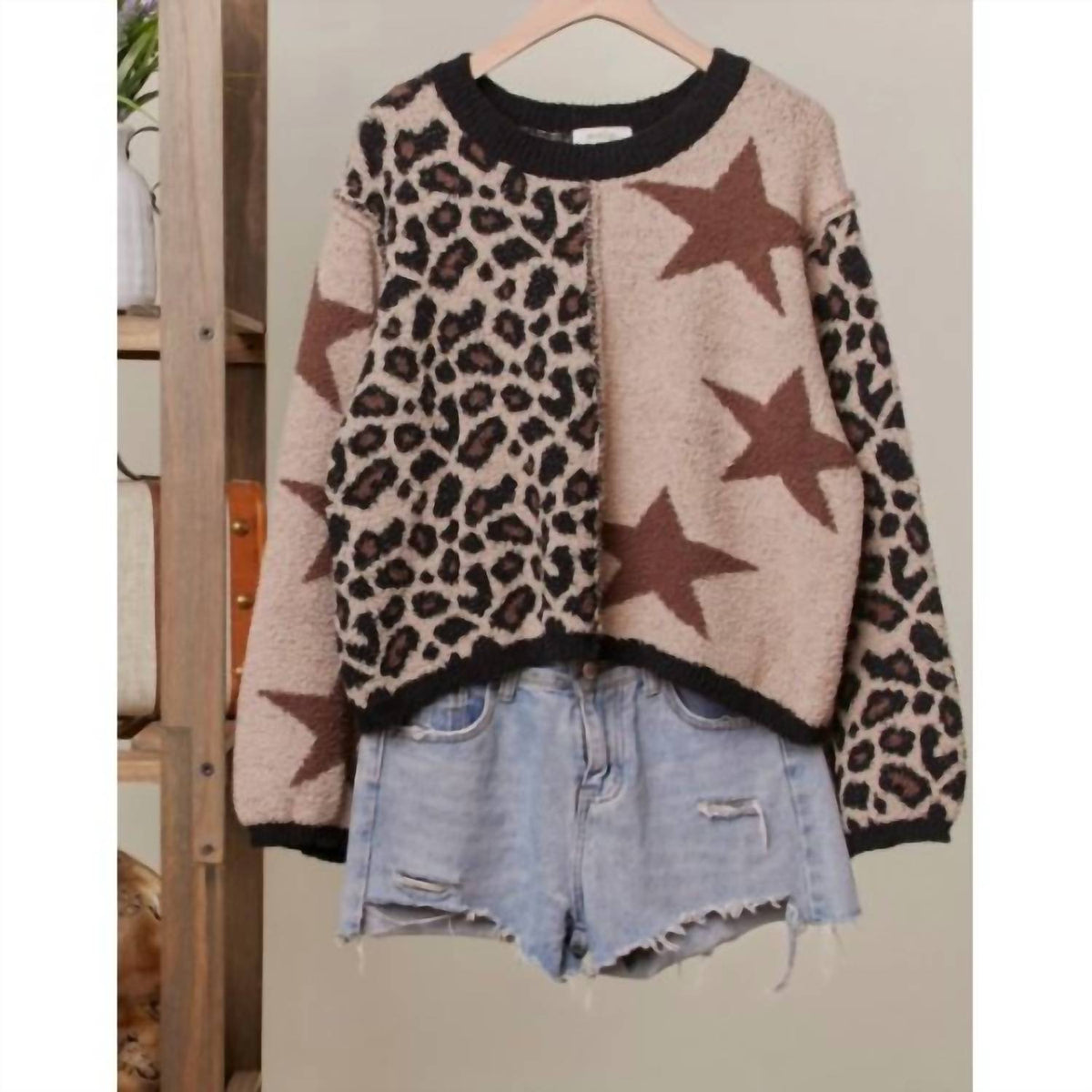 Adora - Women's Leopard And Star Patchwork Sweater