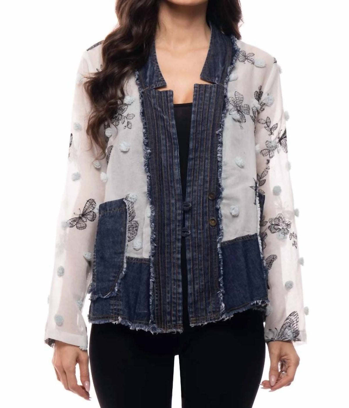 Adore - Chiffon Embroidered Butterfly Jacket With Denim Trim