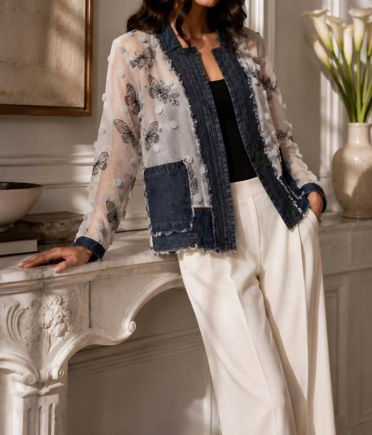 Adore - Chiffon Embroidered Butterfly Jacket With Denim Trim