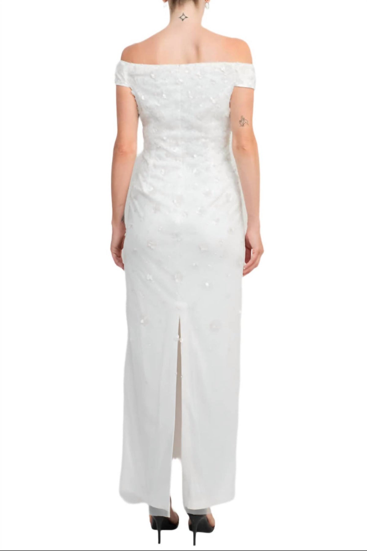 Adrianna Papell - Off-shoulder Sequined Beaded Column Mesh Gown
