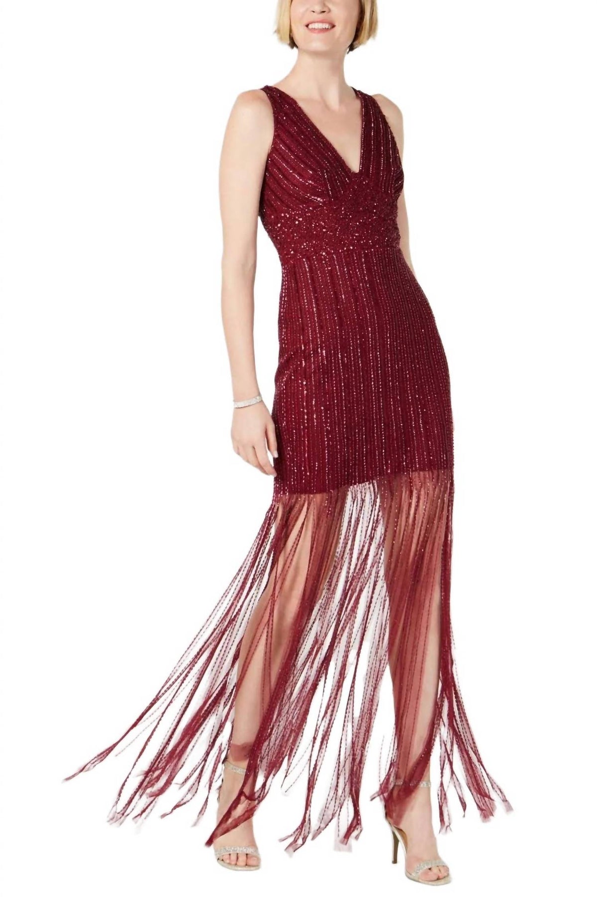 Adrianna Papell - V-neck Embellished Mesh Dress