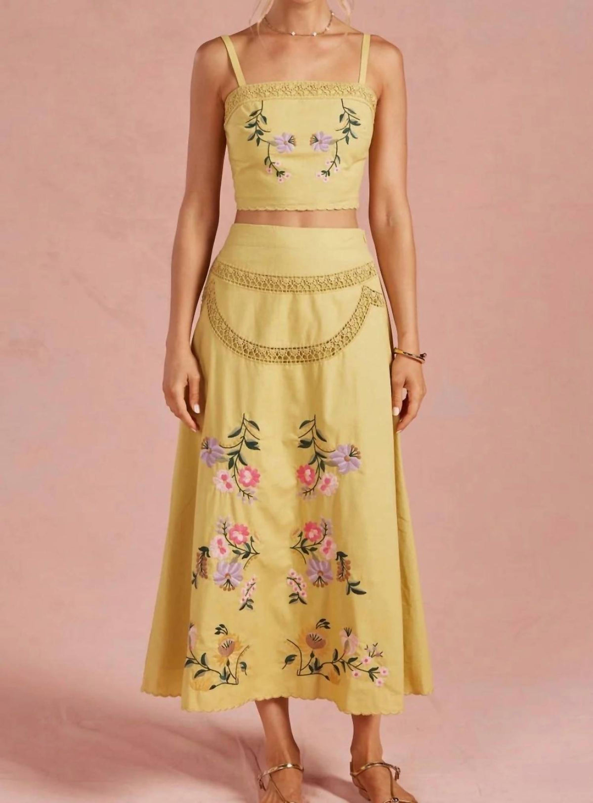 Strut & Bolt - Embroidered Floral Lace Detail Midi Skirt