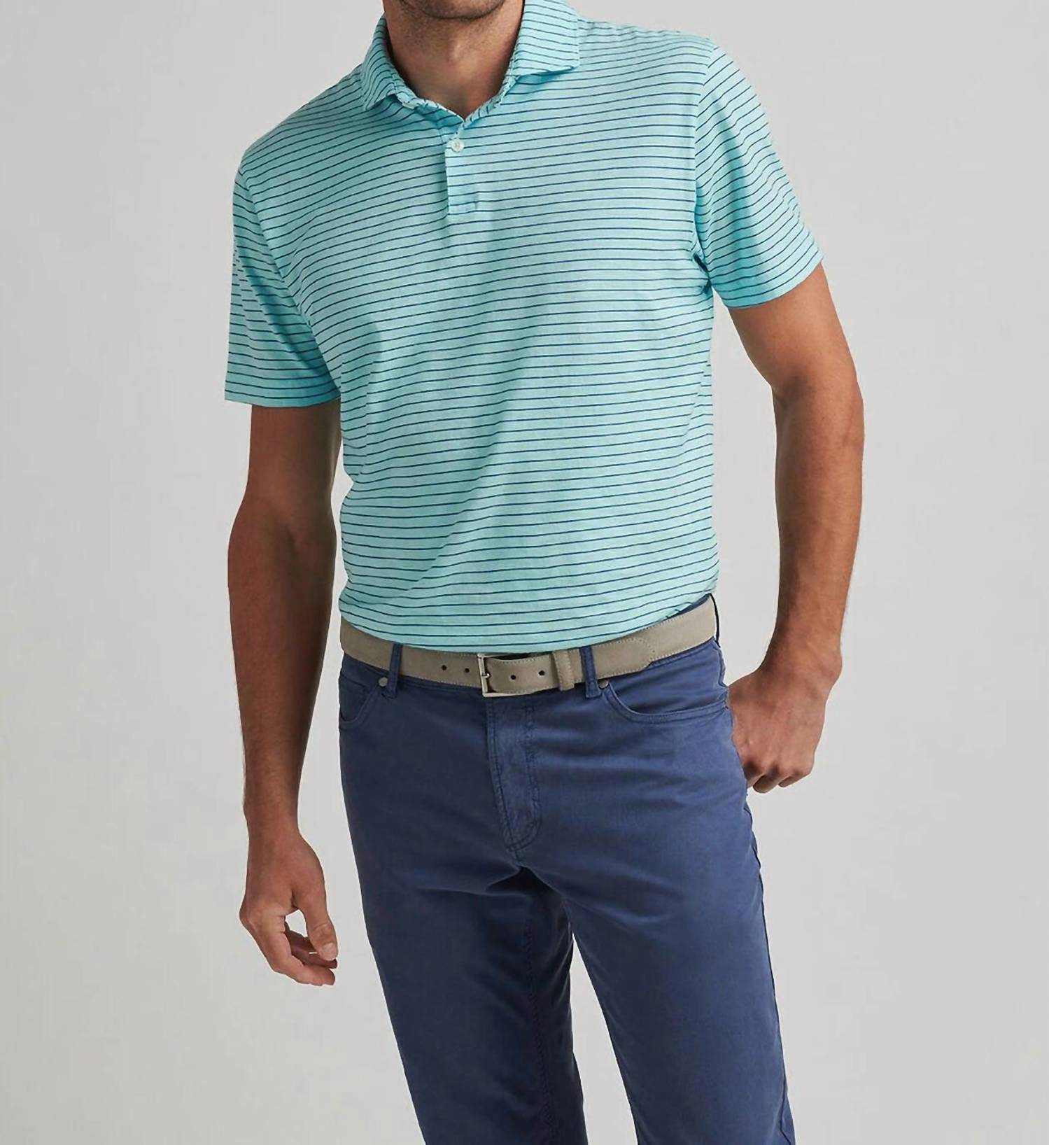 PETER MILLAR Journeyman Stripe Short Sleeve Polo in blue spruce - men's shirt