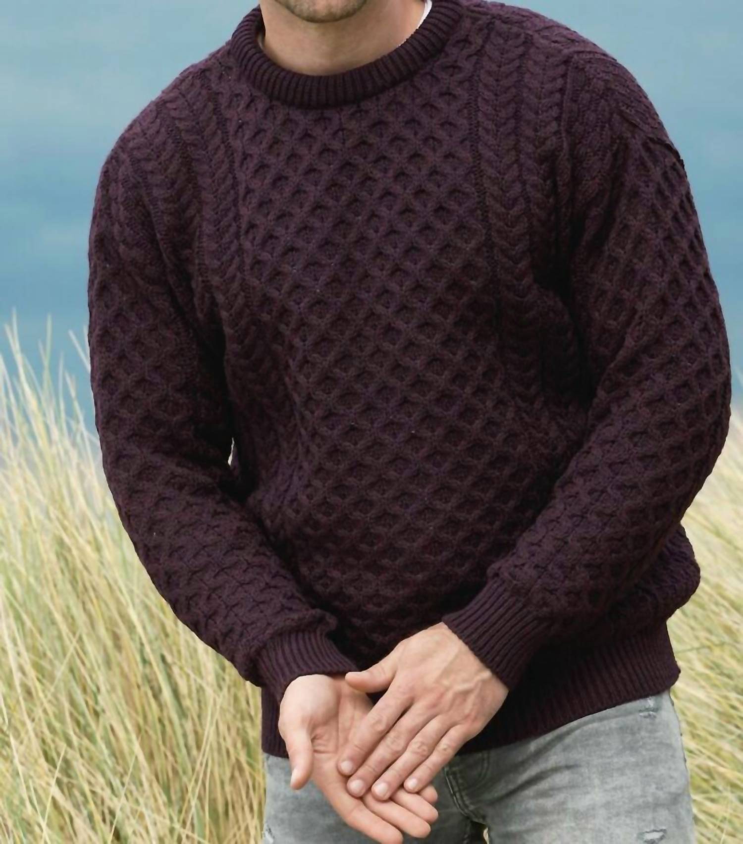 Aran Crafts Merino Crewneck Sweater in damson - men's sweater