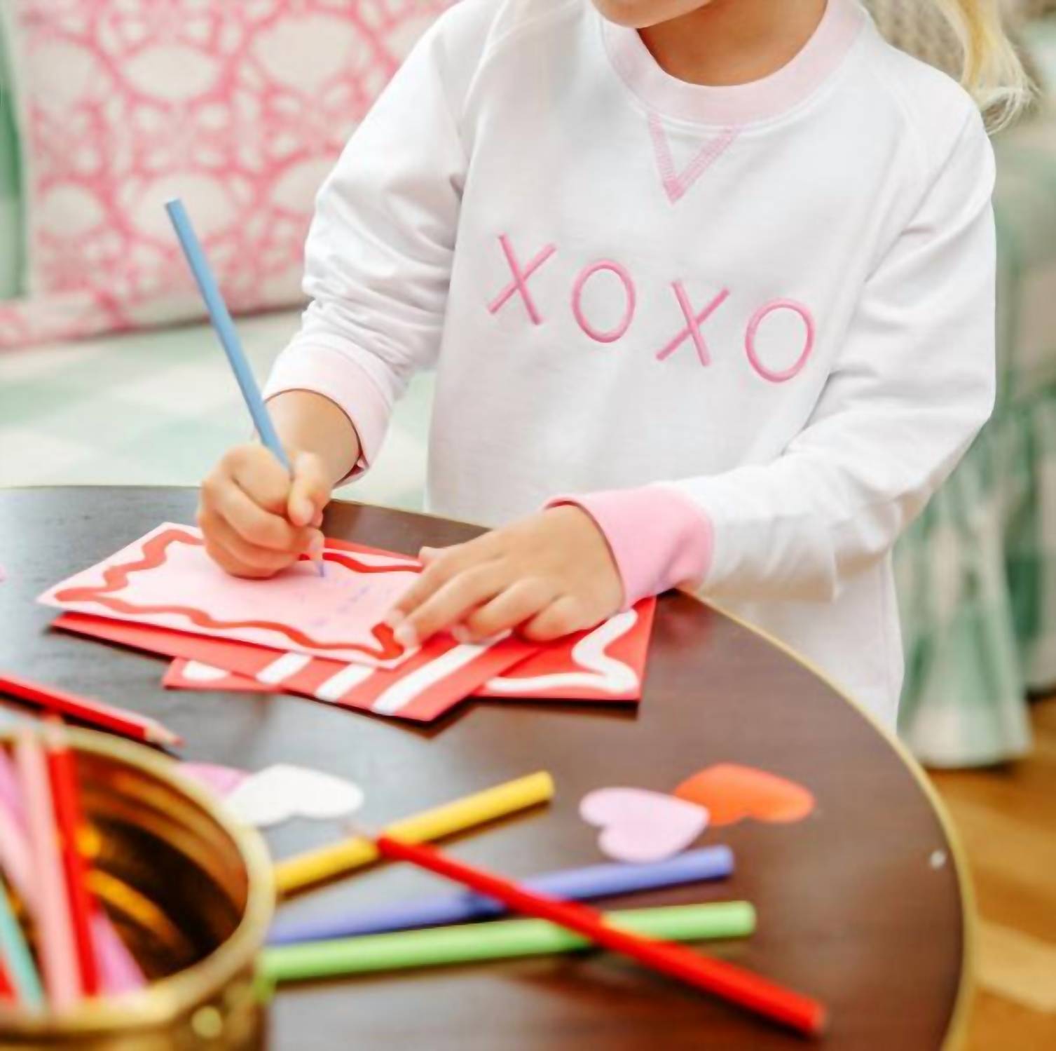 The Beaufort Bonnet Company Cassidy Comfy Crewneck Top in worth avenue white xoxo - kids' sweater - detail view