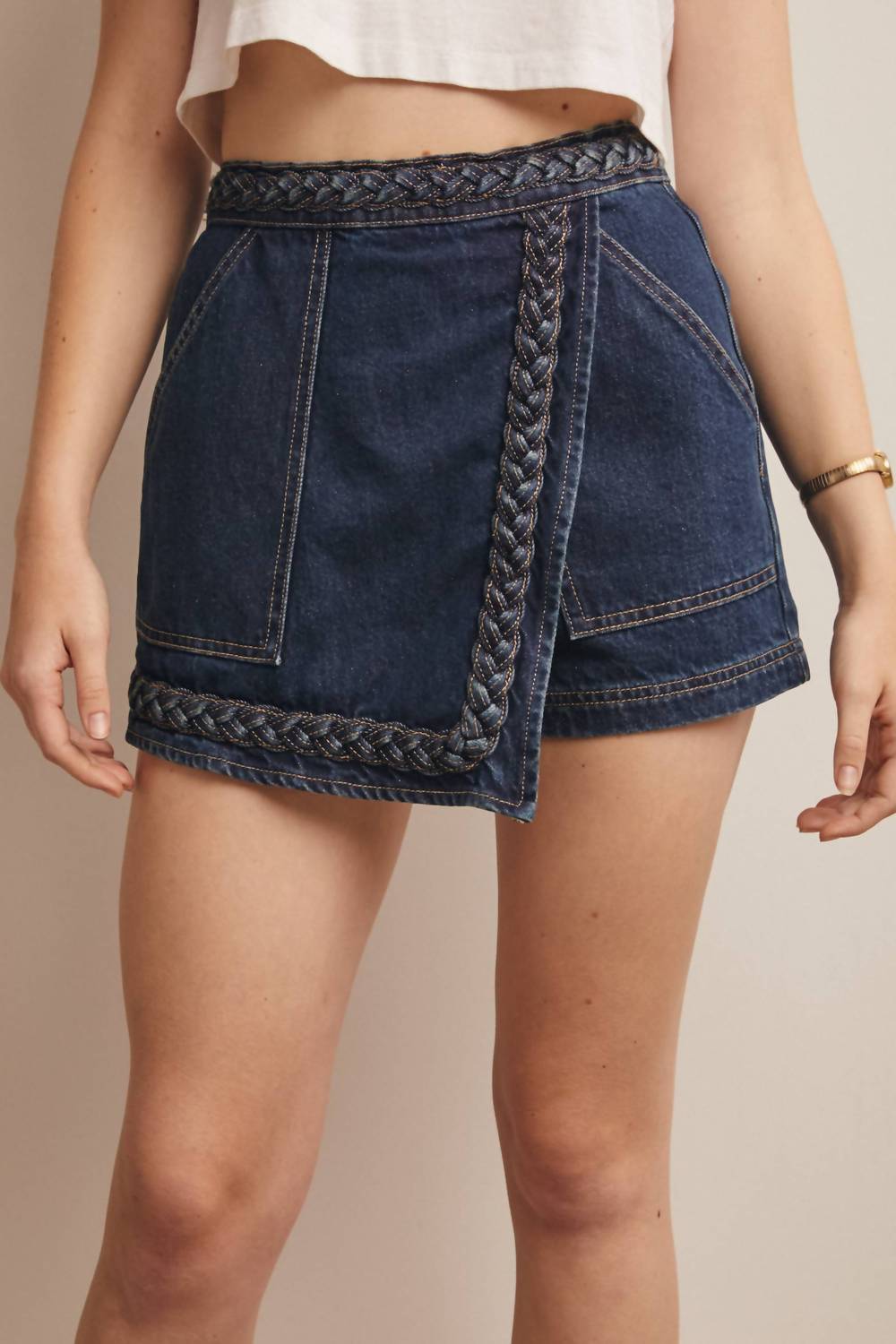Forte Braided Trim Denim Wrap Skort in dusk haze - women's shorts - detail view