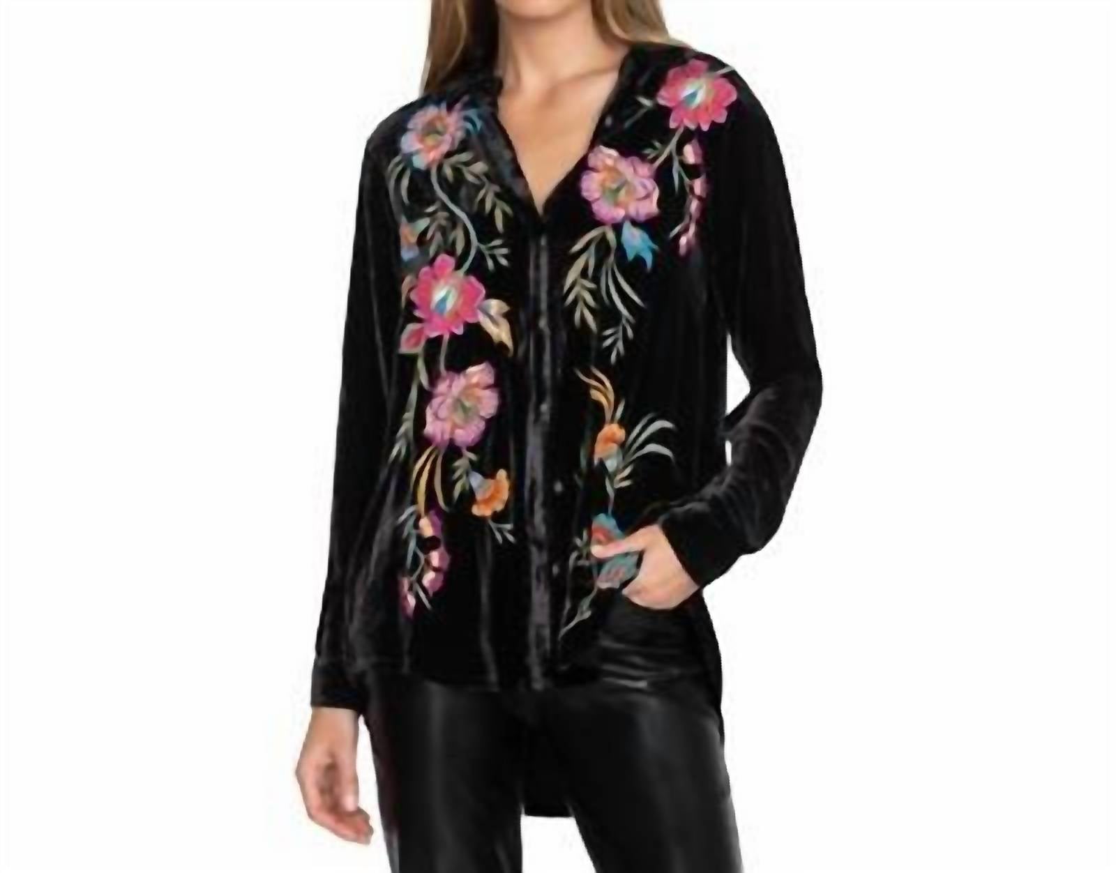 Adore Women's Velvet Button Down Top in black - women's shirt