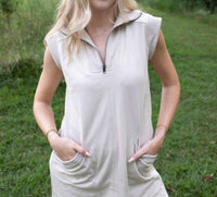 Doe and Rae Zip Into Style Cap Sleeve Mini Dress in beige - women's dress - detail view