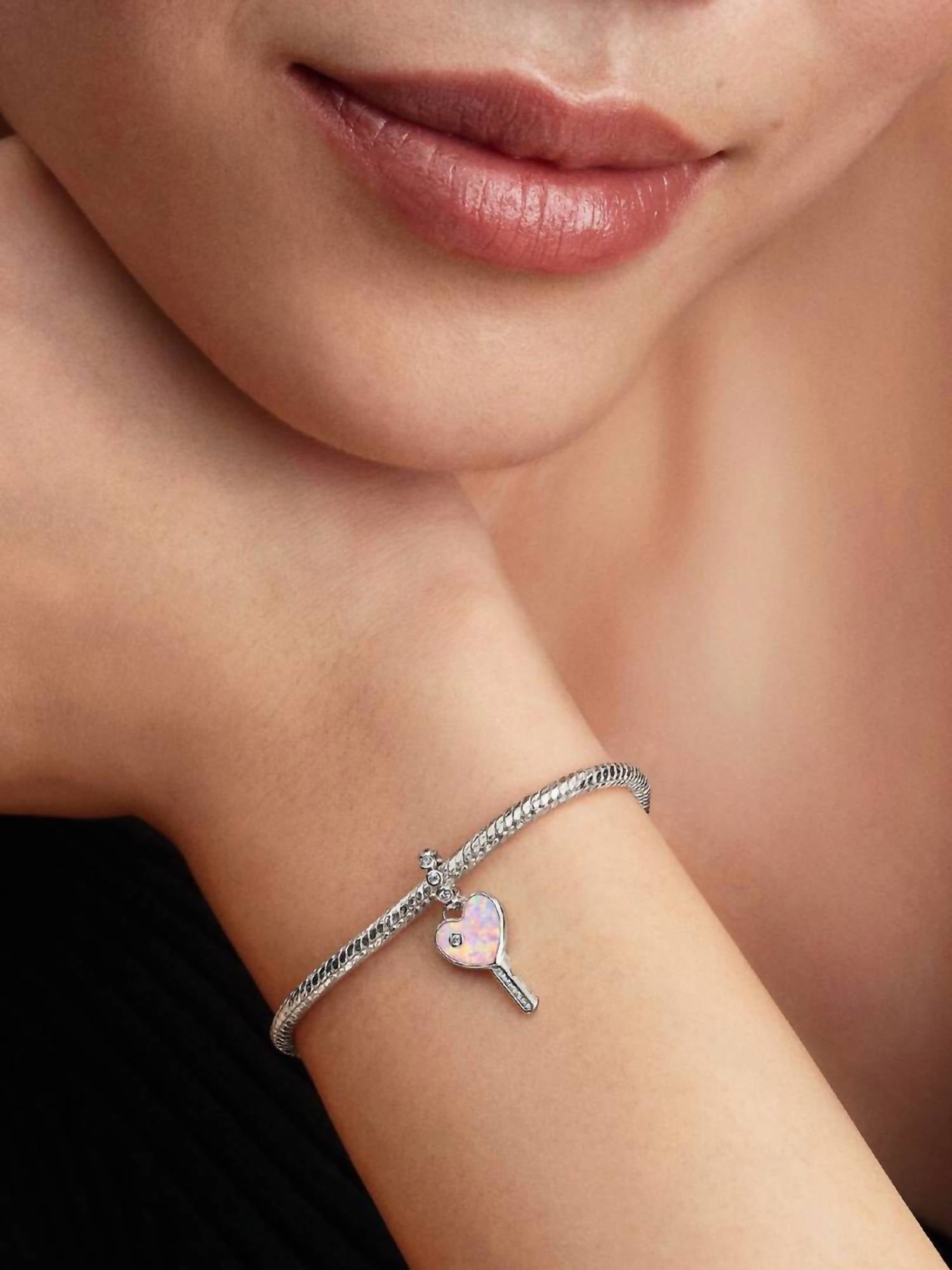 Pandora Opalescent Heart Key Dangle Charm in silver - women's jewelry - detail view