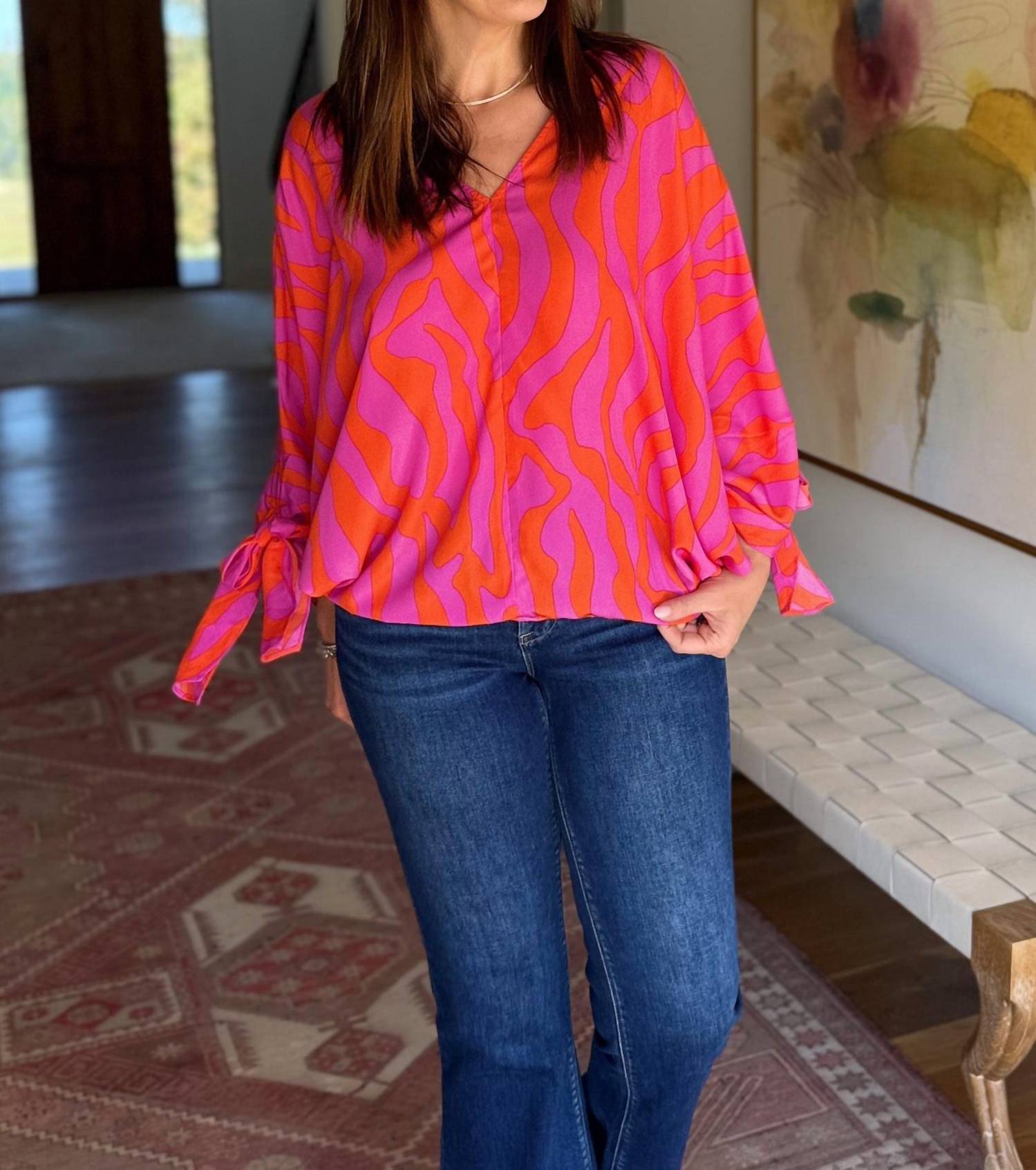 Easel Light Me Up V-neck Blouse in pink multi - women's blouse - detail view