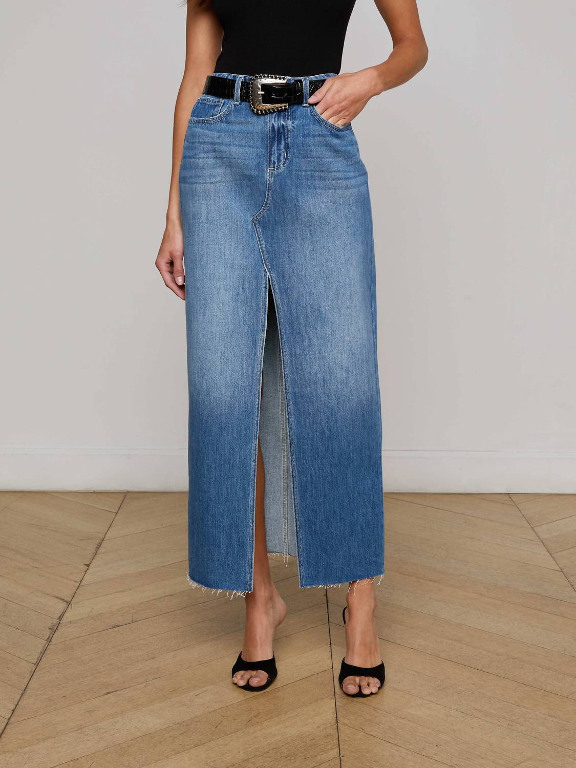 L'Agence Rysa Denim Skirt in woodrow - women's skirt
