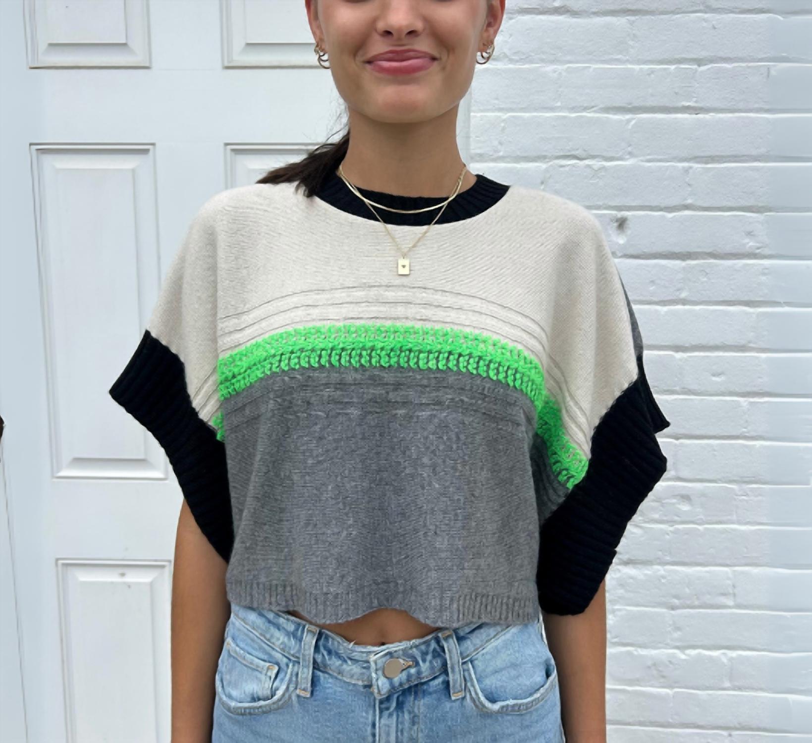 Tricot Chic Short Sleeve Crop Cape Sweater in black and grey - women's sweater - alternate view